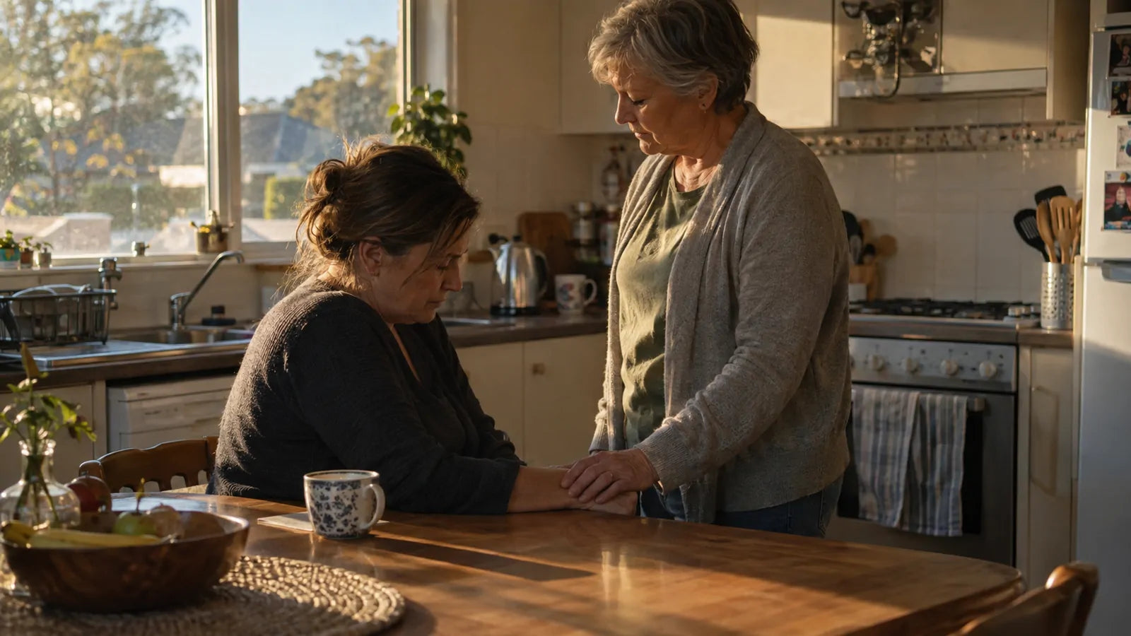 Two women at a kitchen table, one resting a hand on the other's arm