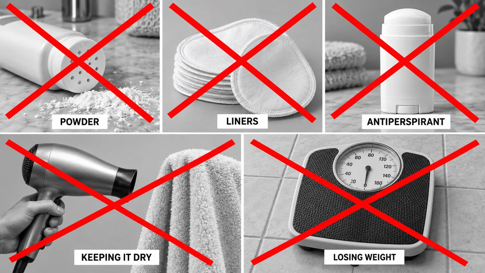 Powder, liners, antiperspirant, keeping it dry and losing weight, each crossed out