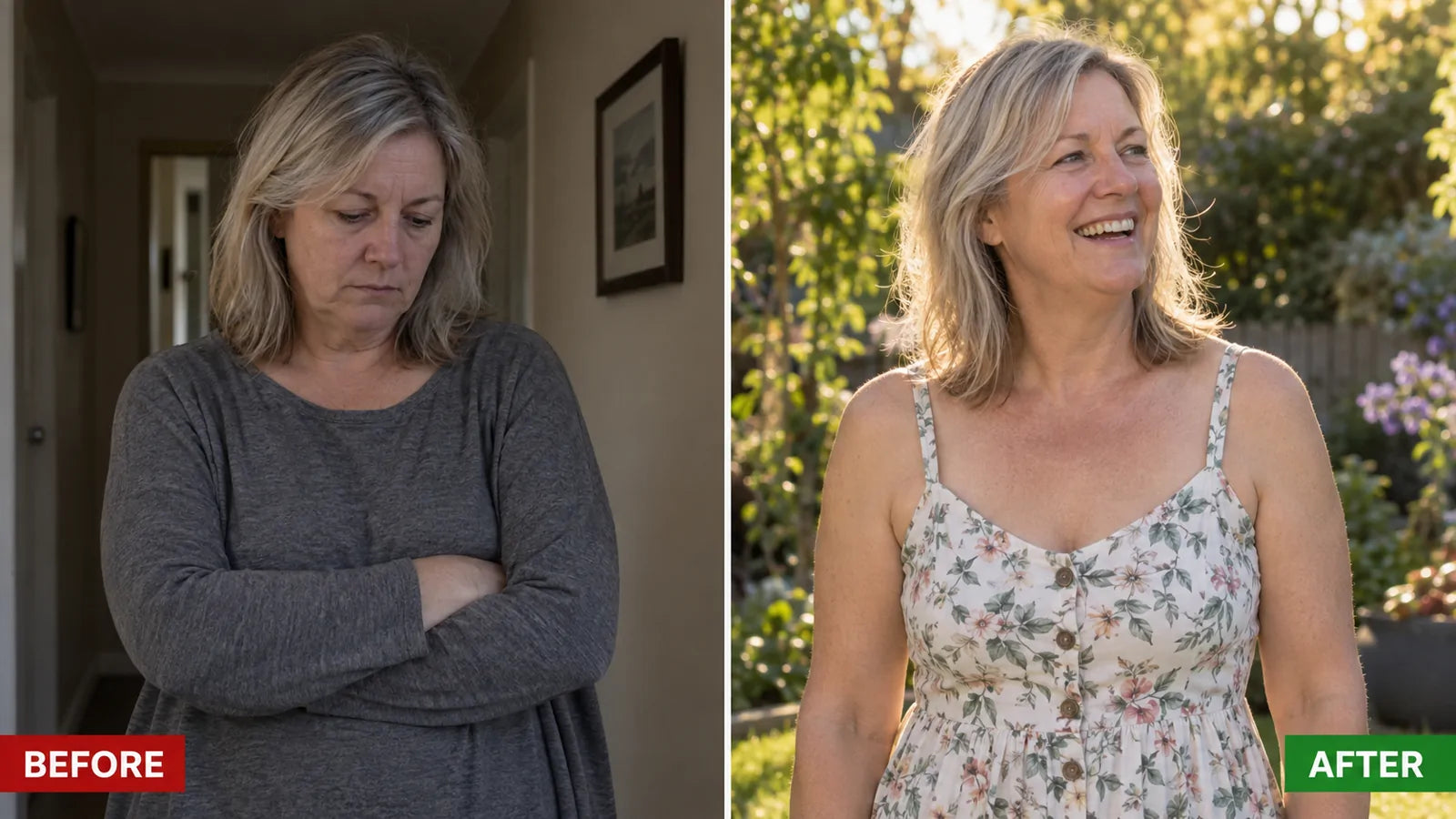 A woman before and after, hallway and sundress