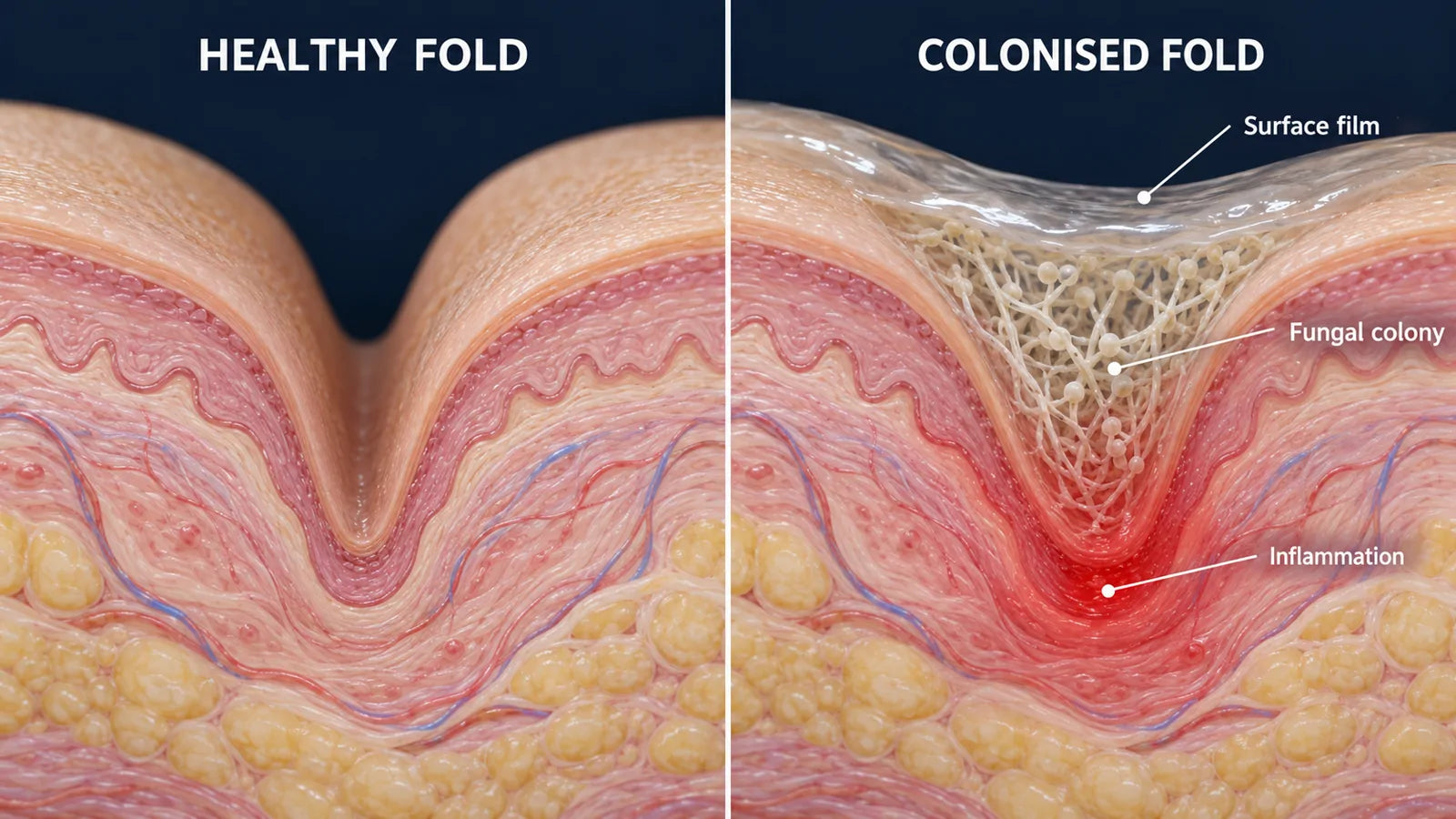 Cross-section diagram comparing a healthy skin fold with a colonised one