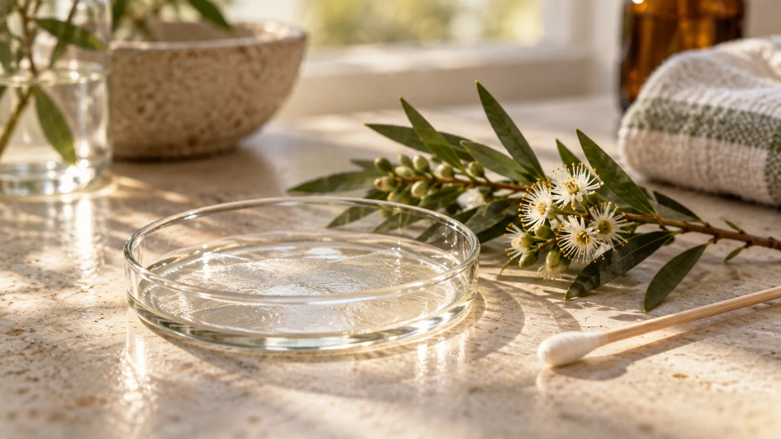A glass dish, a cotton swab and a flowering tea tree sprig on a stone bench